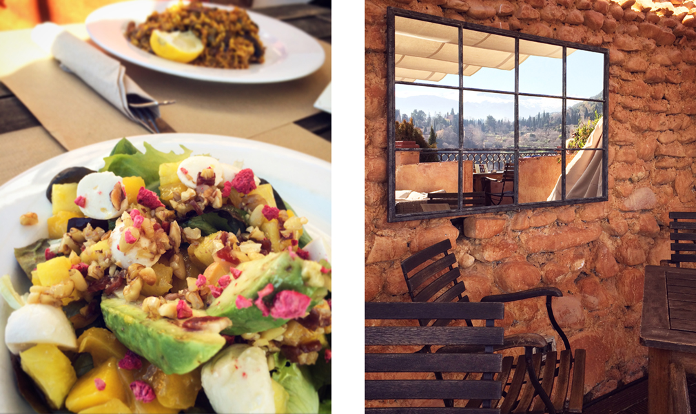 Left: a mango and avocado salad; Right: a small outdoors dining area with wooden chairs, stone wall, and hanging mirror