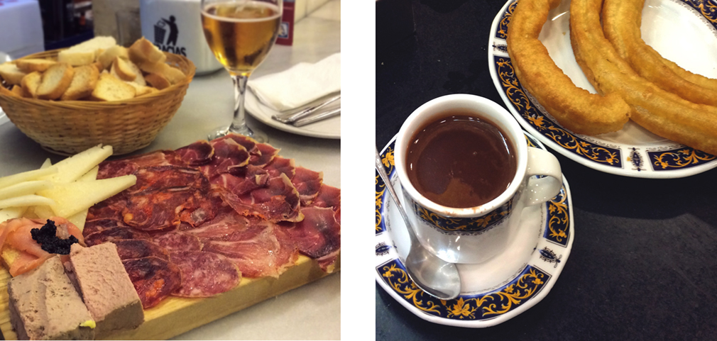 Left: a board of cheeses, salmon, pâté and cut sausages; Right: churros and a cup of liquid chocolate