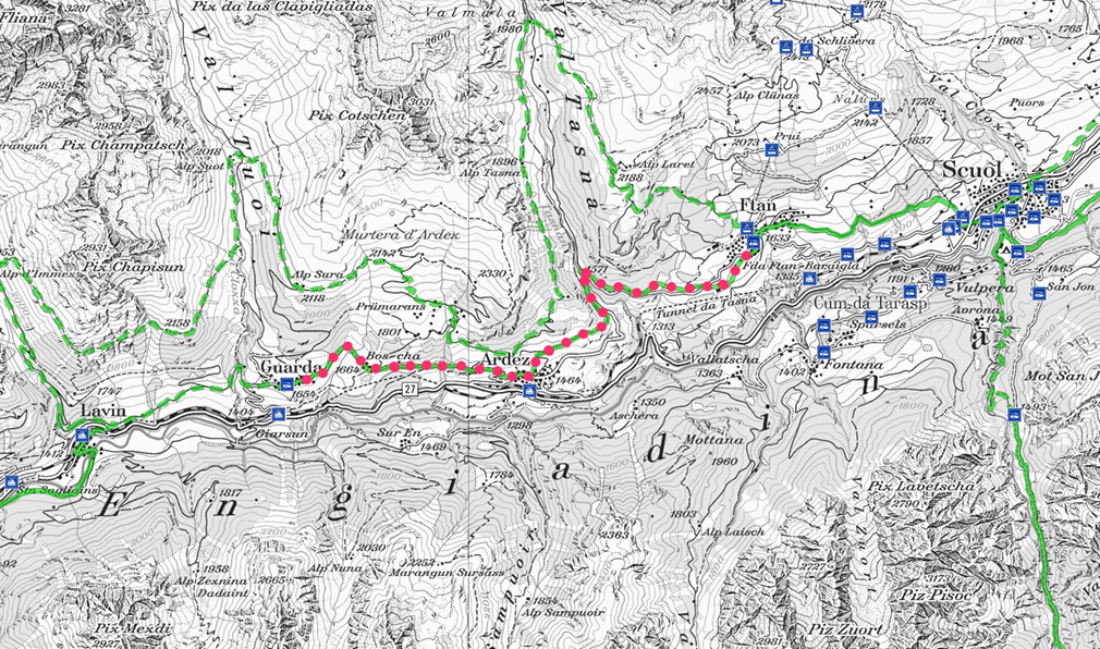 Hiking map of Engiadina with marked route