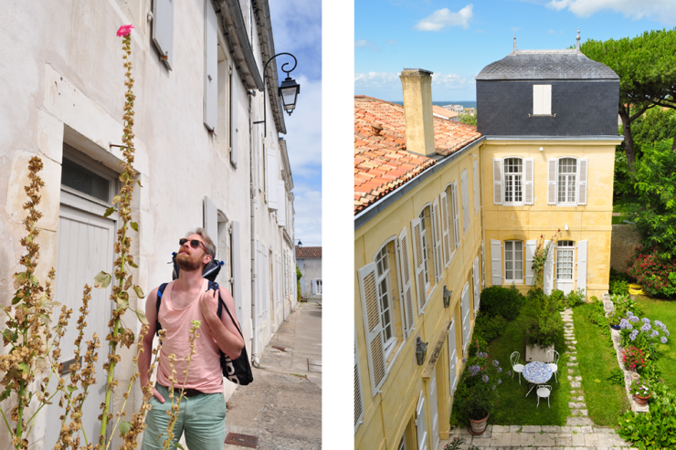 Left: Man admiring a tall hollyhock flower; Right: tower-view of a yellow mansion with decorated inner courtyard