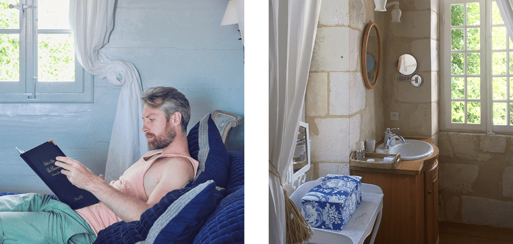 Left: Man reading in room with blue paint; Right: elegant and rustic bathroom