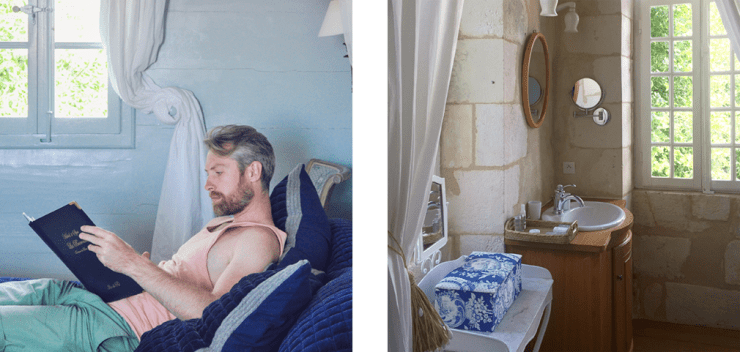 Left: Man reading in room with blue paint; Right: elegant and rustic bathroom