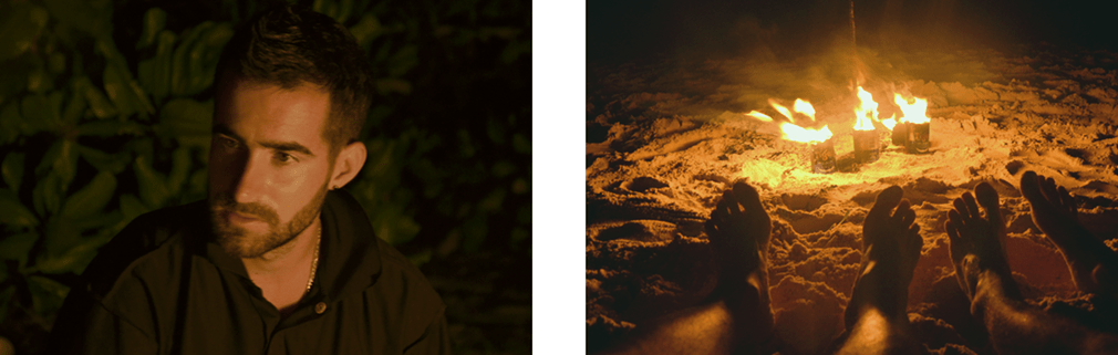 Left: Man looking away from a campfire; Right: Two pairs of feet in front of a small bonfire