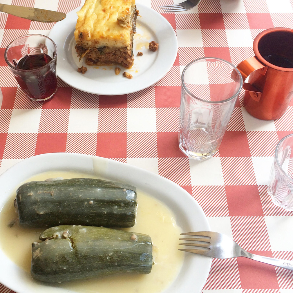 Cucumber in lemon egg sauce and moussaka with wine and Greek coffee