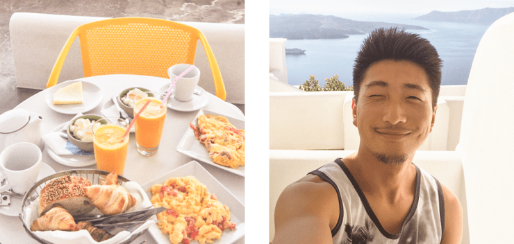 Left: Mediterranean-style breakfast; Right: smiling man on terrace overlooking ocean