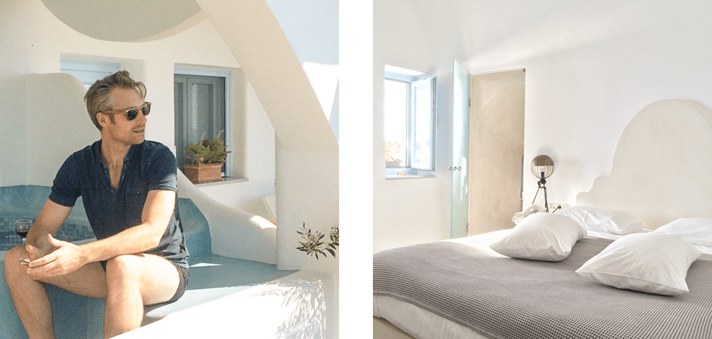 Left: man sitting on patio; Right: inside of a Cycladic-style room