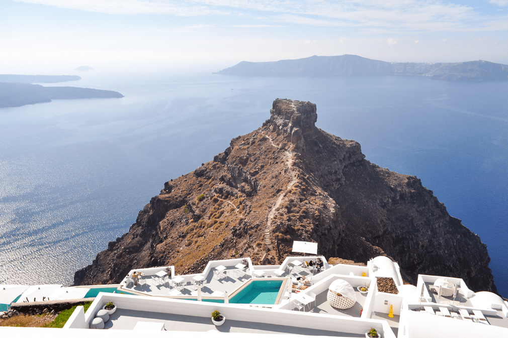 Panoramic view of Aegean sea and triangle-shaped rock