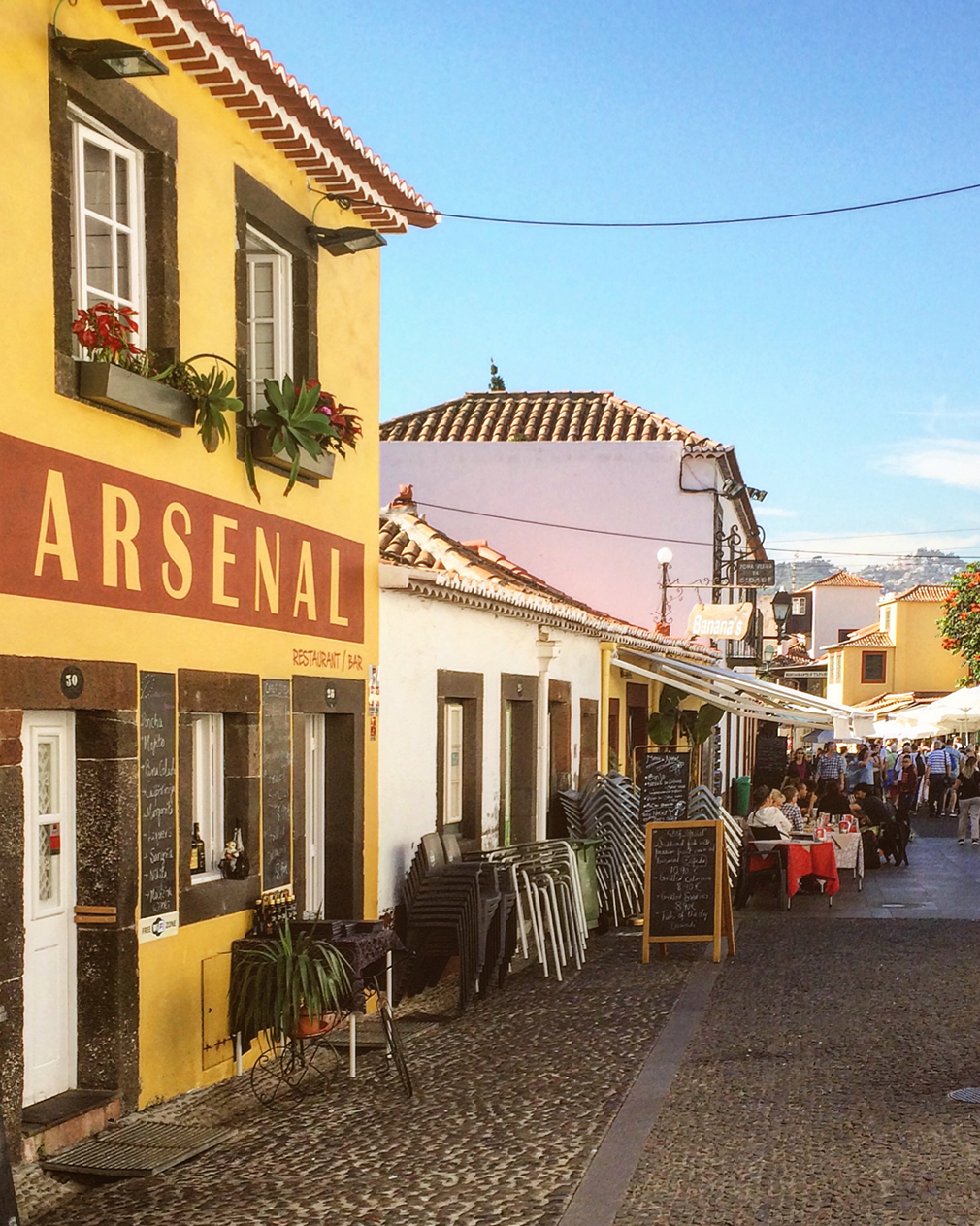 Colorful street in old town of Funchal, Madeira