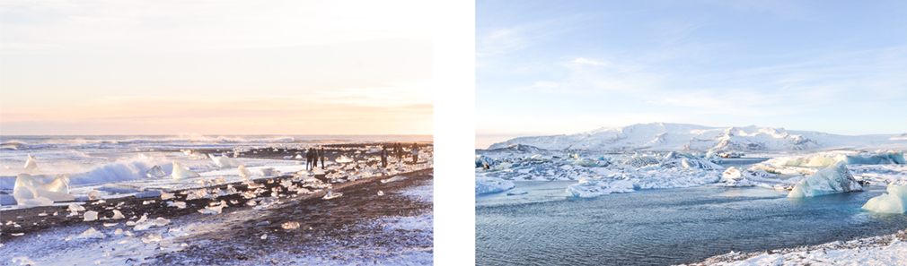 Left: icebergs stranded on a black sand beach in sunset; Right: glacial river lagoon reflecting the day's light