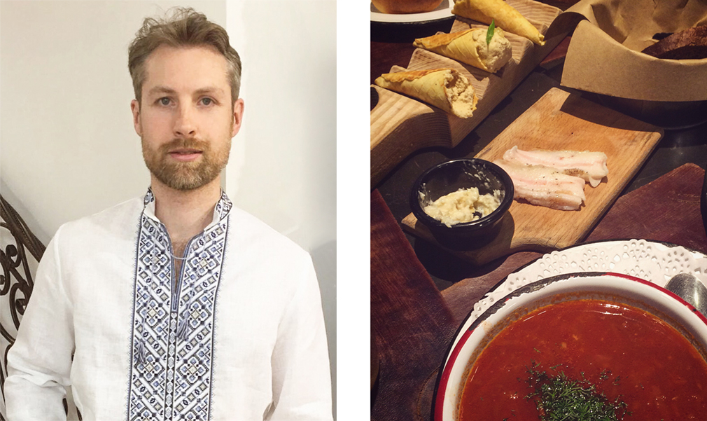 Left: man in tunic with blue embroidery; right: A table of borscht, salted pork fatback, and cones of herring pâté
