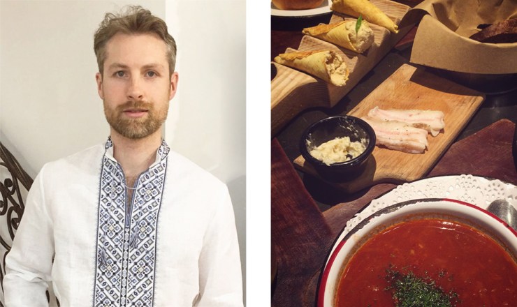 Left: man in tunic with blue embroidery; right: A table of borscht, salted pork fatback, and cones of herring pâté