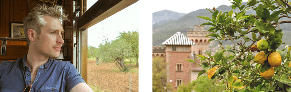 Left: A man looking out of a train window; Right: a lemon tree in front of two medieval towers