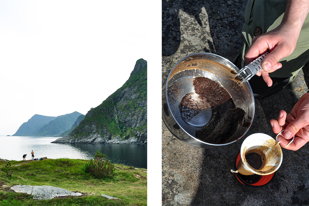 Campers preparing for a swim and making coffee