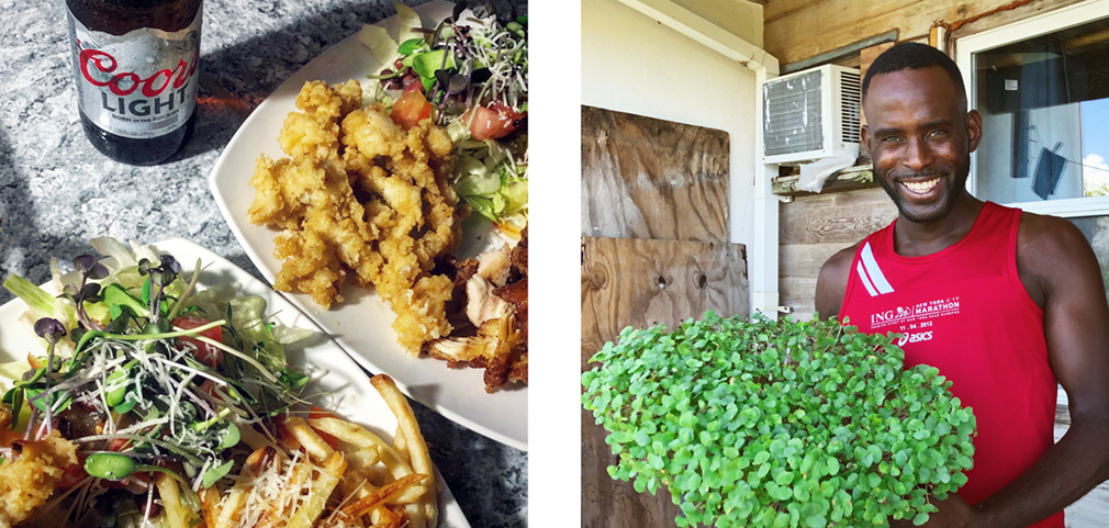 Conch fritters and a smiling man holding microgreens
