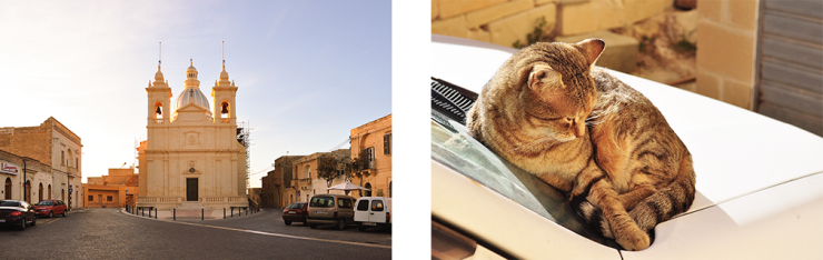 The village of San Lawrenz in Gozo, Malta, and a cat resting on the hood of a car