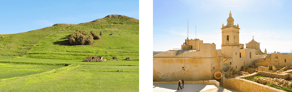 A collage of a Gozitan landscape and the exterior of the Cathedral of Assumption in Città Victoria