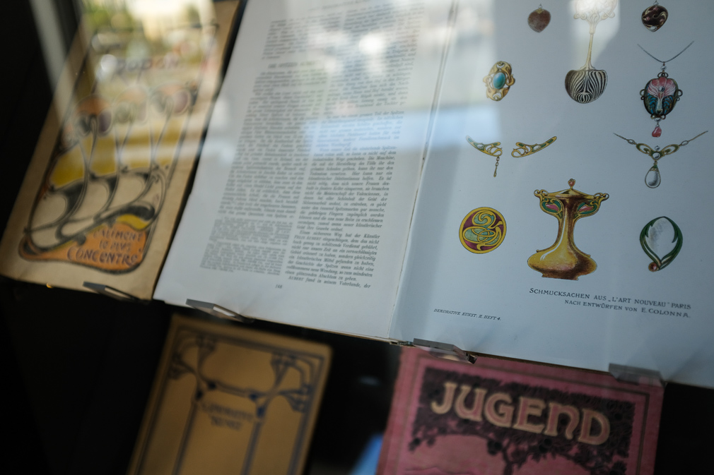 A close-up of Art Nouveau books through a glass display