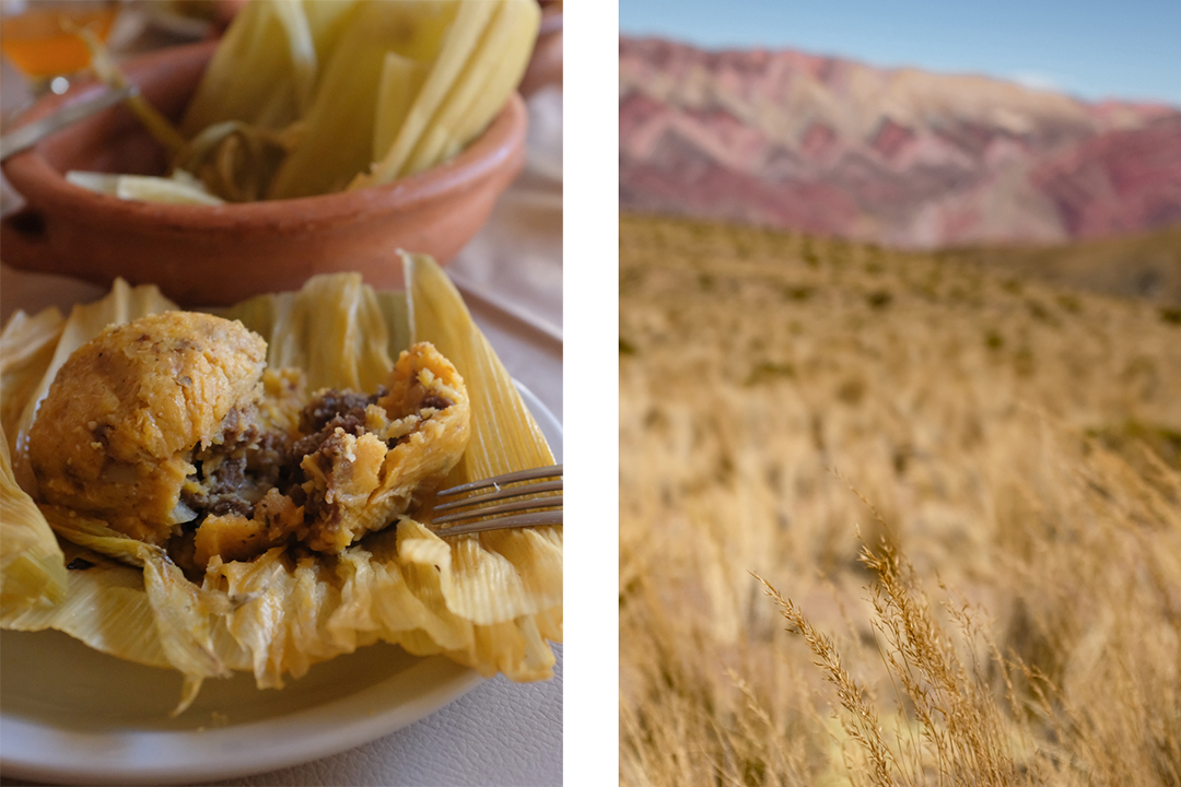 Close-up of a tamale jujeño and the landscape of northwestern Argentina