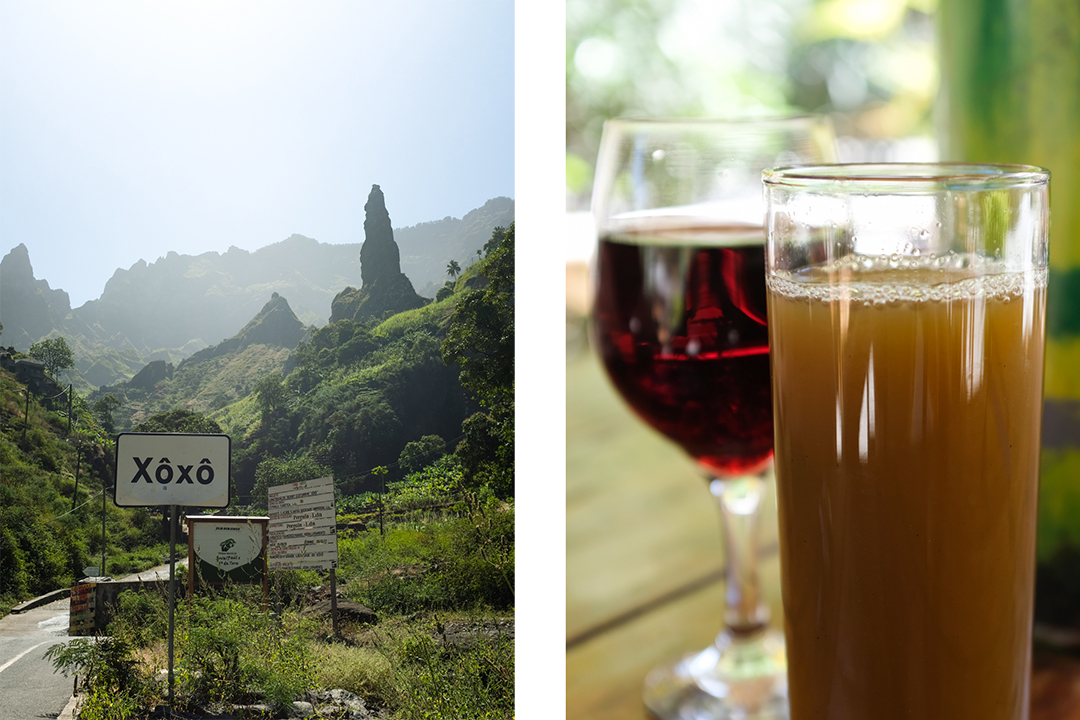 A village sign and glasses of calda—sugar cane juice—and wine