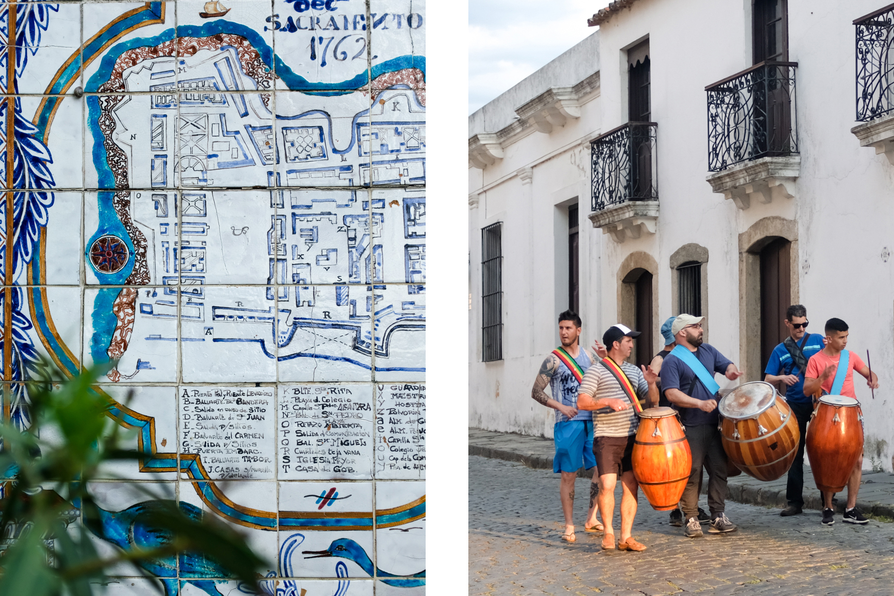 A ceramic tile map of a colonial town and a drumming procession walking down the street