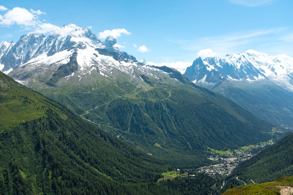 A resort town at the bottom of a mountain valley
