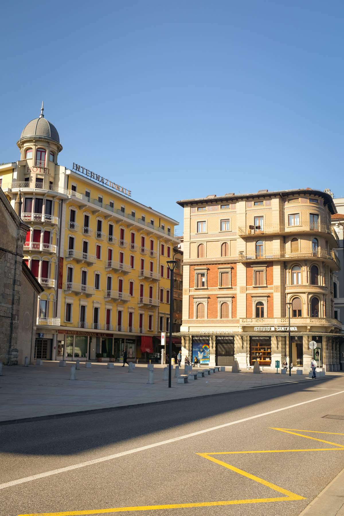 Neoclassical buildings and an empty street