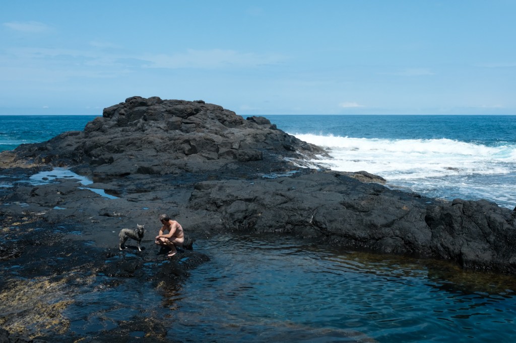 A man and a dog after swimming